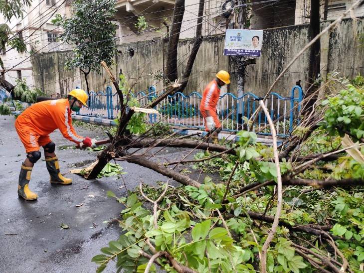 पश्चिम बंगाल के अलीपुर में एनडीआरएफ की टीम सड़क पर गिरे पेड़ों को हटाते हुए।